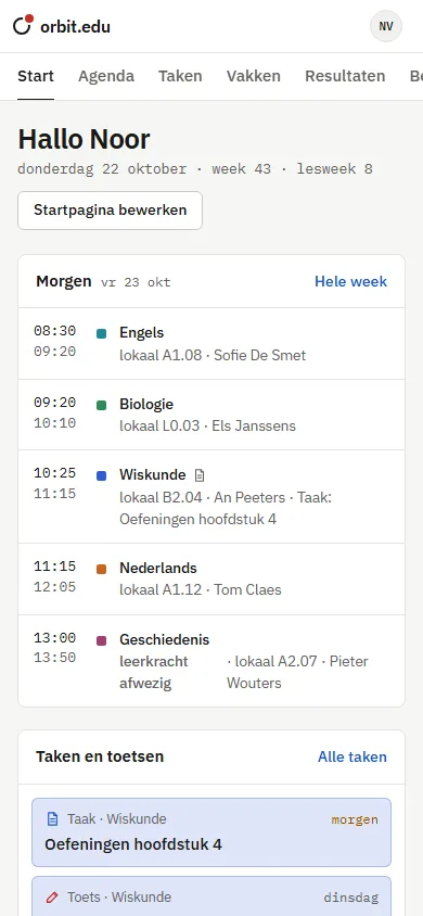 De startpagina van een leerling op een gsm.